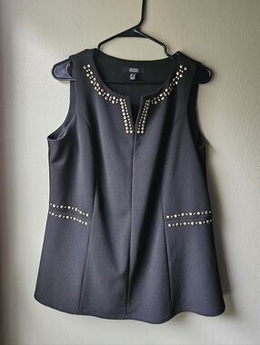 Dennis Basso Black Sleeveless Top with Gold Stud Accents Large
